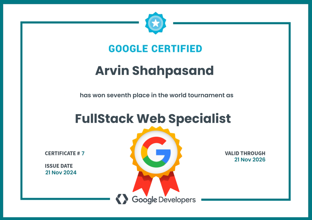 گواهینامه معتبر آروین شاه پسند - مدرک تخصصی توسعه وب